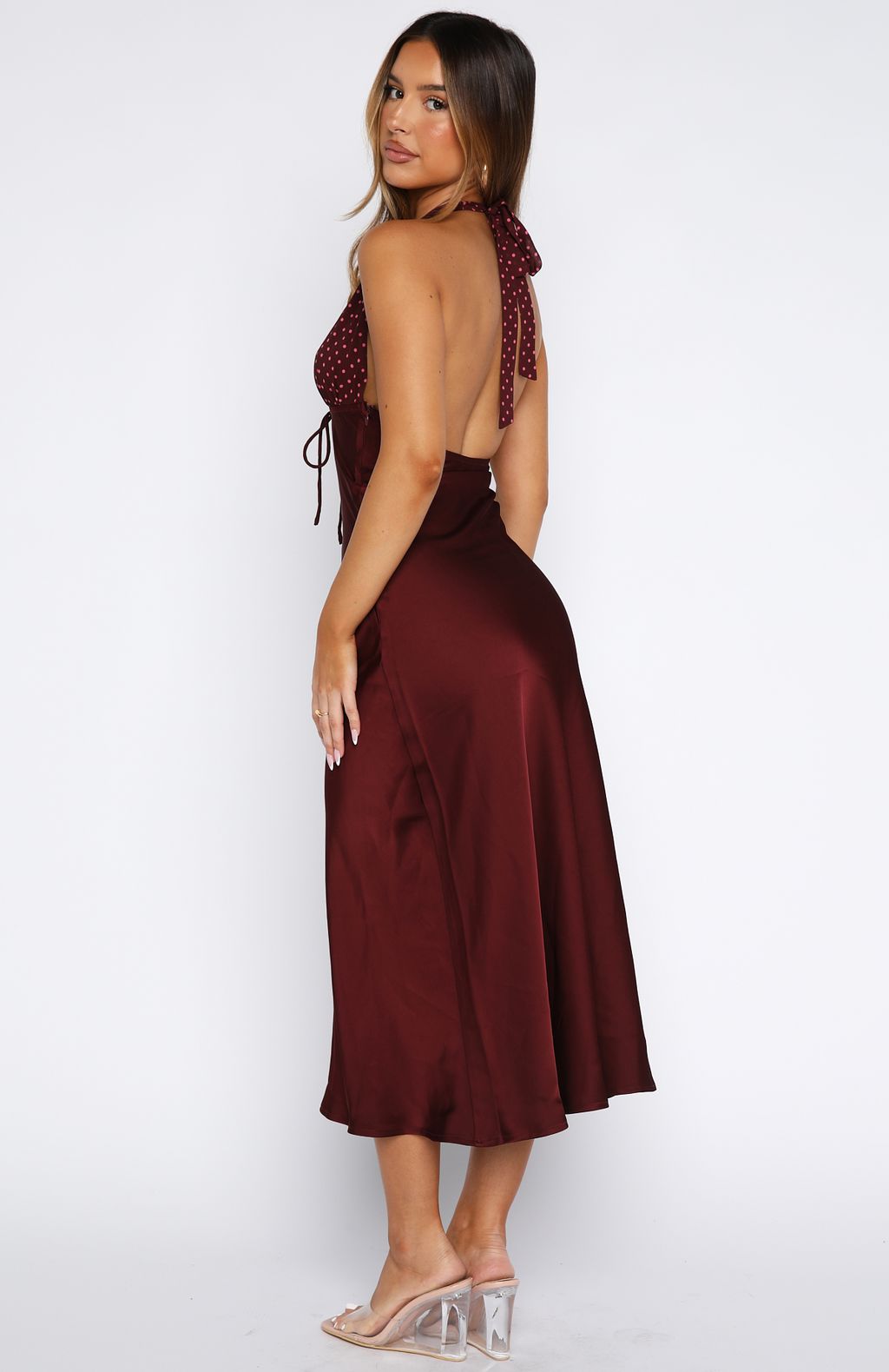 Guess You Miss Me Halter Midi Dress Burgundy/Pink Dot