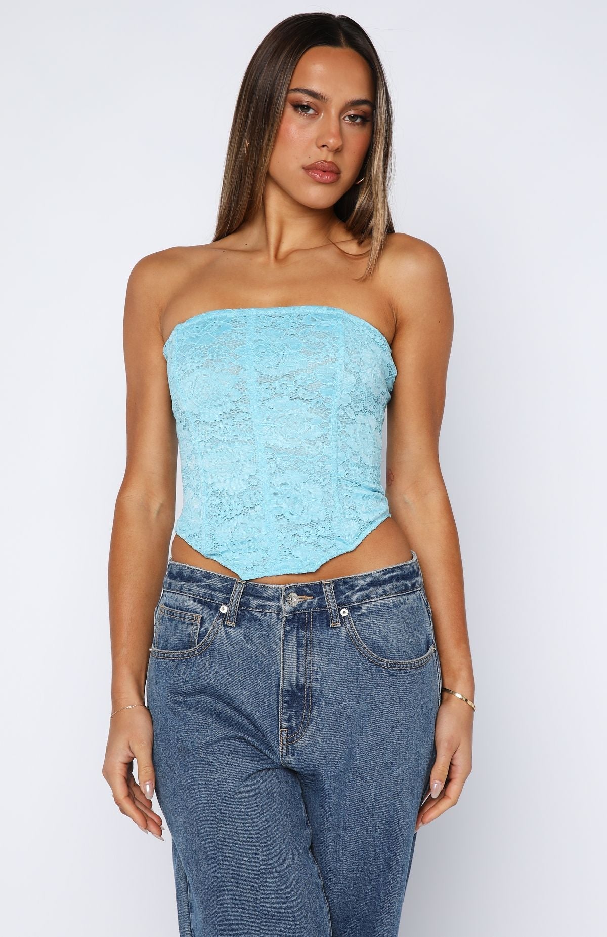 Play Your Part Strapless Bustier Cyan