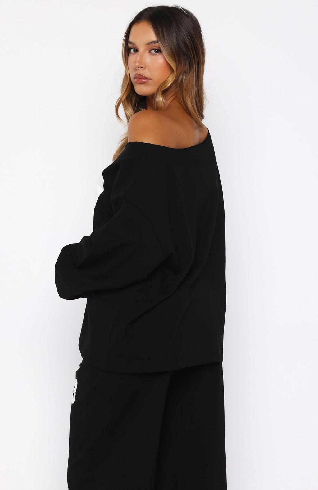 Only One Left Off Shoulder Oversized Long Sleeve Tee Black