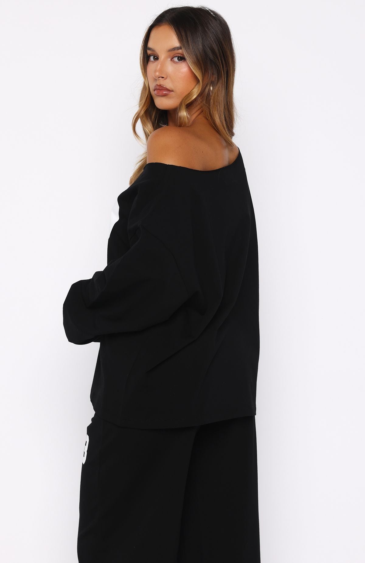 Only One Left Off Shoulder Oversized Long Sleeve Tee Black