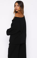Only One Left Off Shoulder Oversized Long Sleeve Tee Black