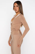 Staying Cute Long Sleeve Wrap Top Caramel