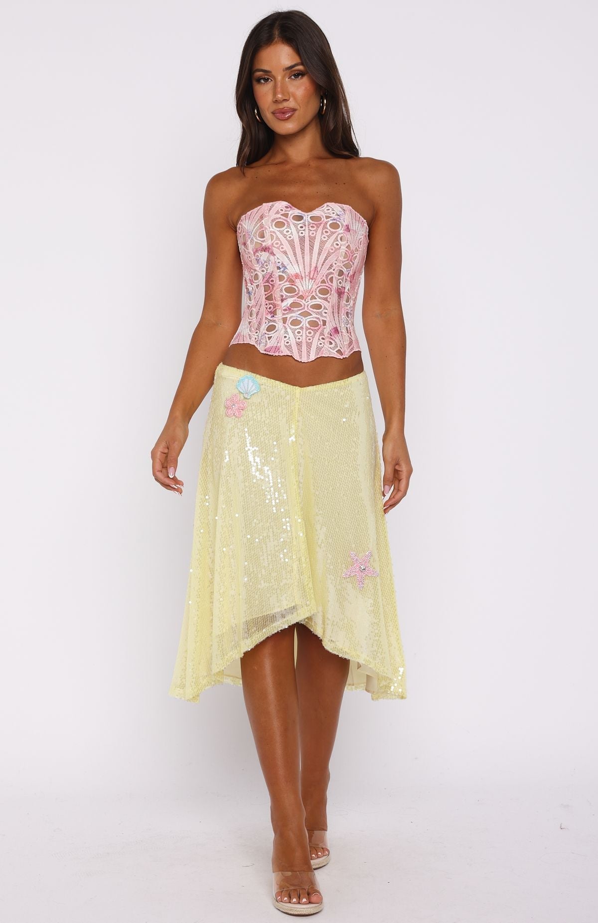 Stay For A While Sequin Midi Skirt Lemon Sorbet