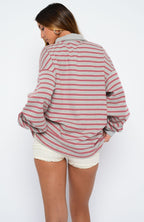 Out Again Long Sleeve Rugby Shirt Dark Grey Marle/Burgundy Stripe