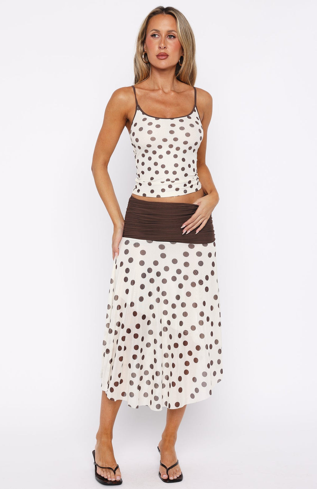 Mediterranean Mirage Midi Skirt Cream/Choc Polka Dot