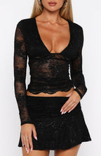 Always Stay Embellished Lace Long Sleeve Top Black
