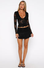 Always Stay Embellished Lace Long Sleeve Top Black