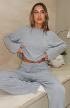 Come A Long Way Soft Lounge Ribbed Wide Leg Pants Grey Marle