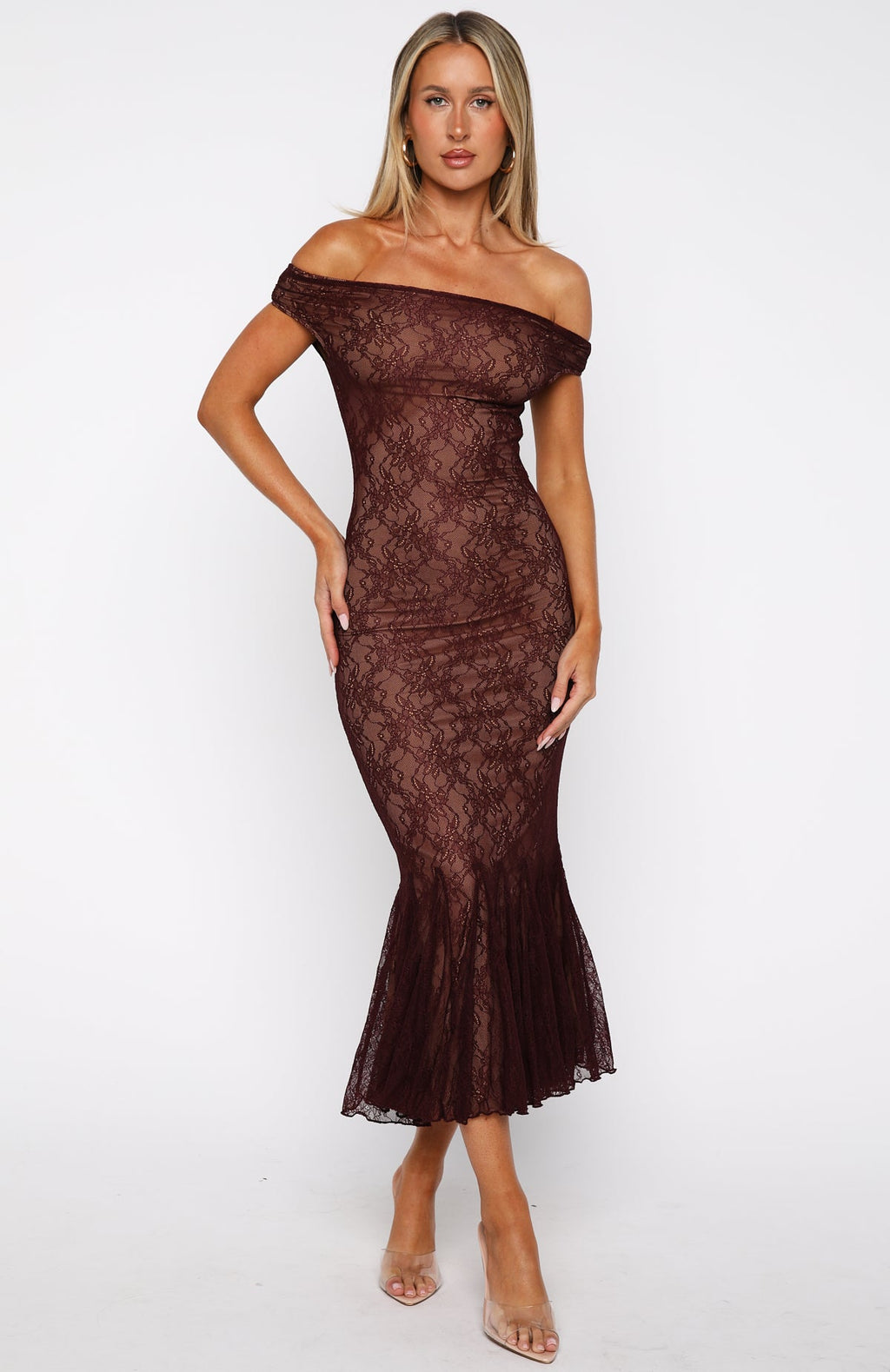 Defied The Odds Off Shoulder Lace Maxi Dress Wine
