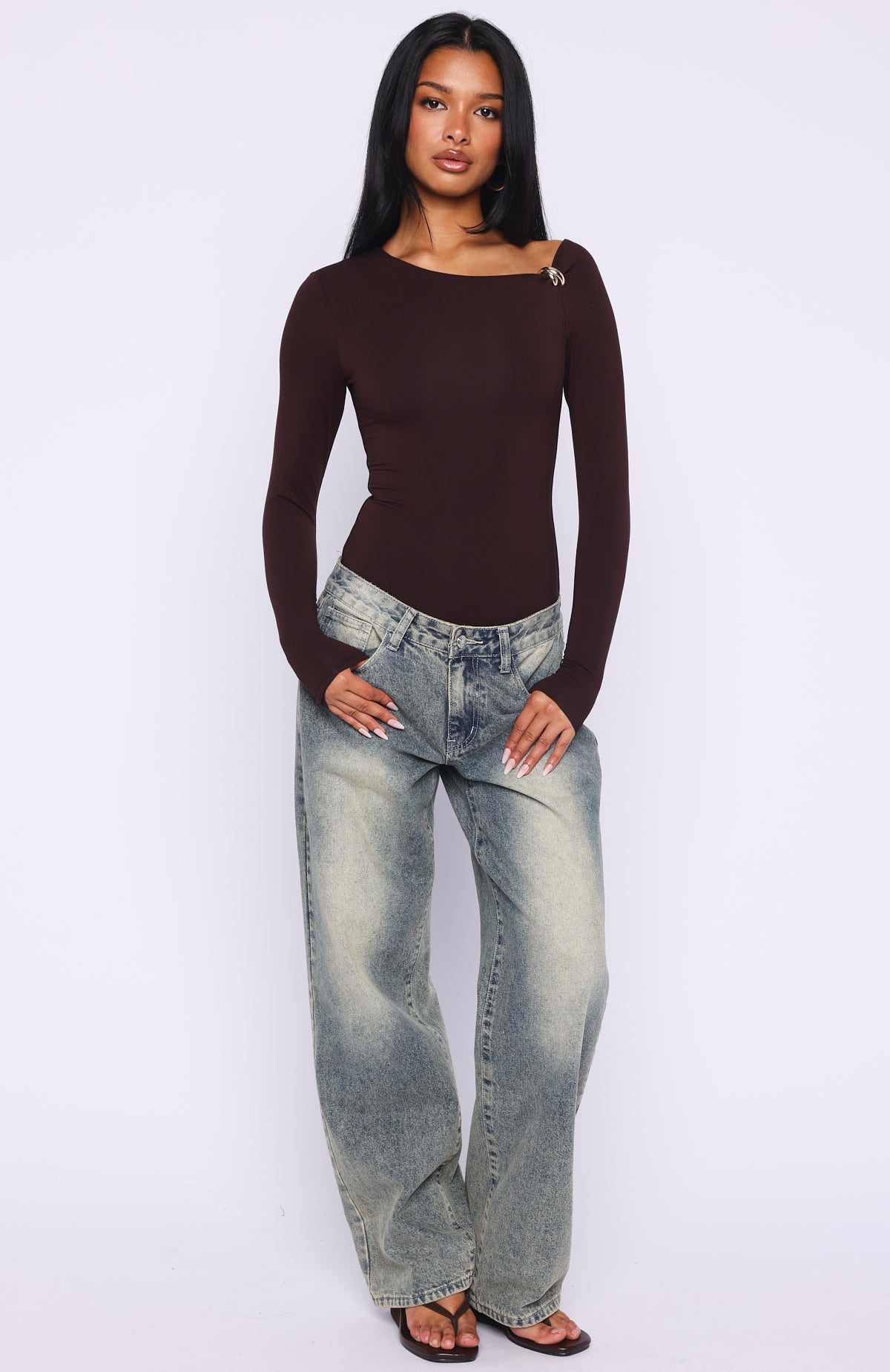 Double Down Long Sleeve Bodysuit Dark Chocolate