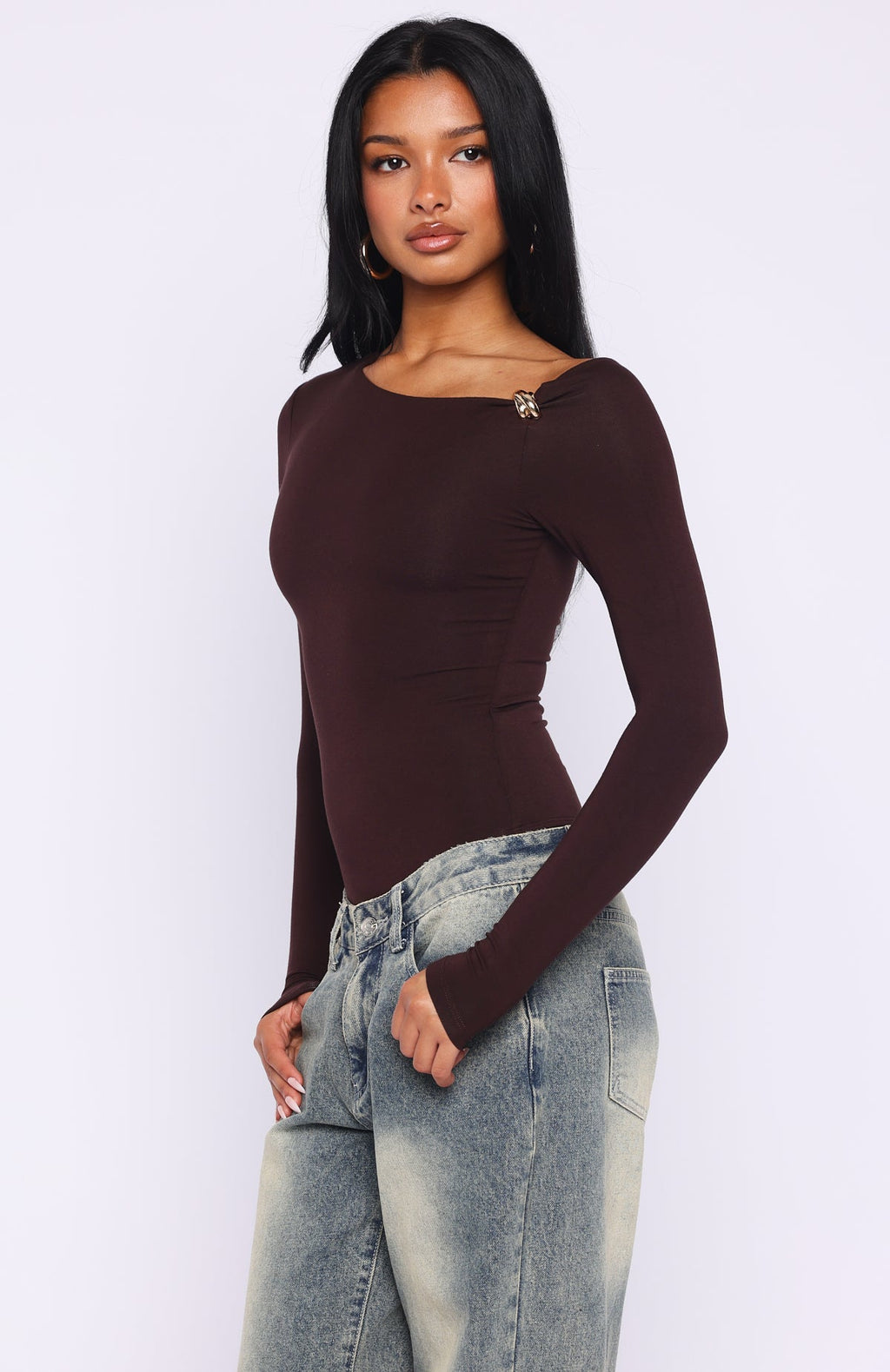 Double Down Long Sleeve Bodysuit Dark Chocolate