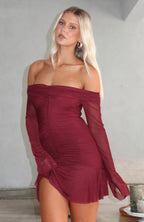 Dreaming Of Yesterday Long Sleeve Mini Dress Burgundy