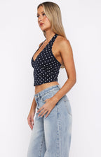 Have To Getaway Halter Top Navy Polka Dot