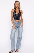 Have To Getaway Halter Top Navy Polka Dot