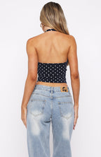 Have To Getaway Halter Top Navy Polka Dot