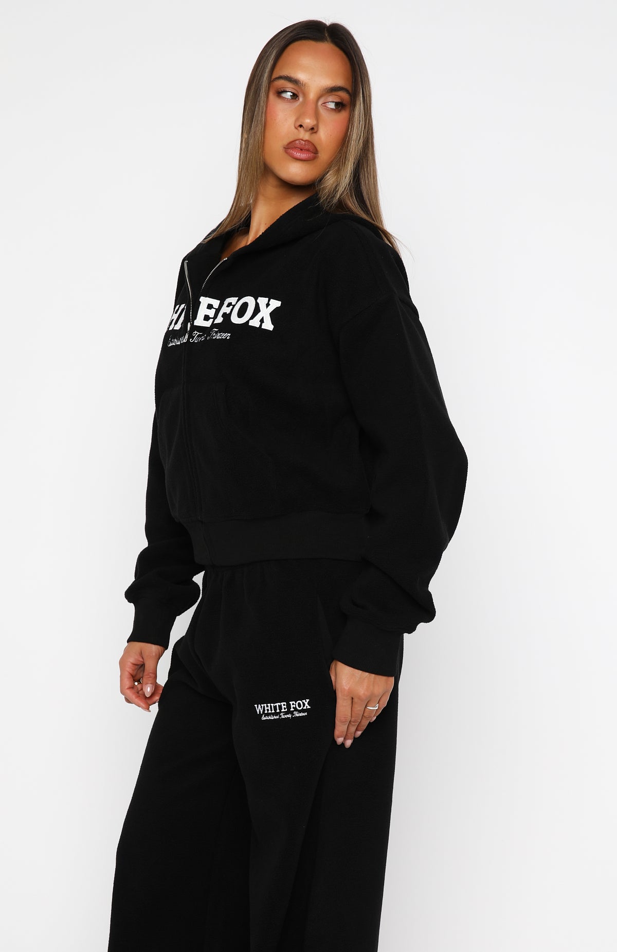 Just For Now Fleece Boxy Zip Front Hoodie Black