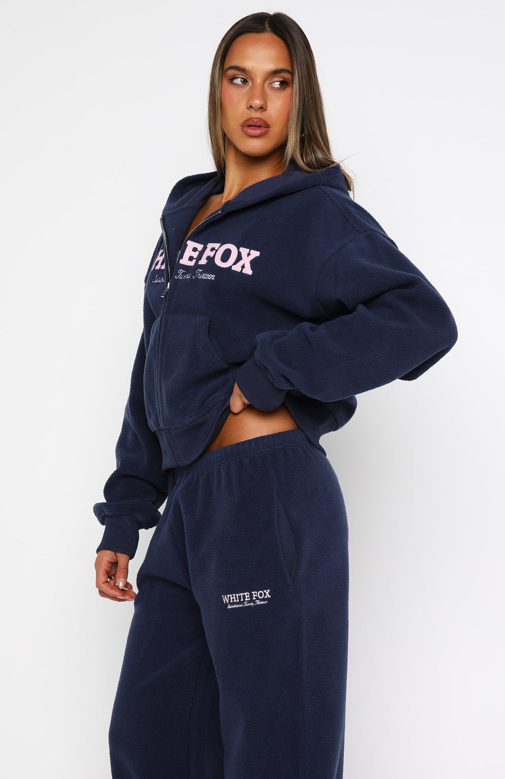 Just For Now Fleece Boxy Zip Front Hoodie Navy