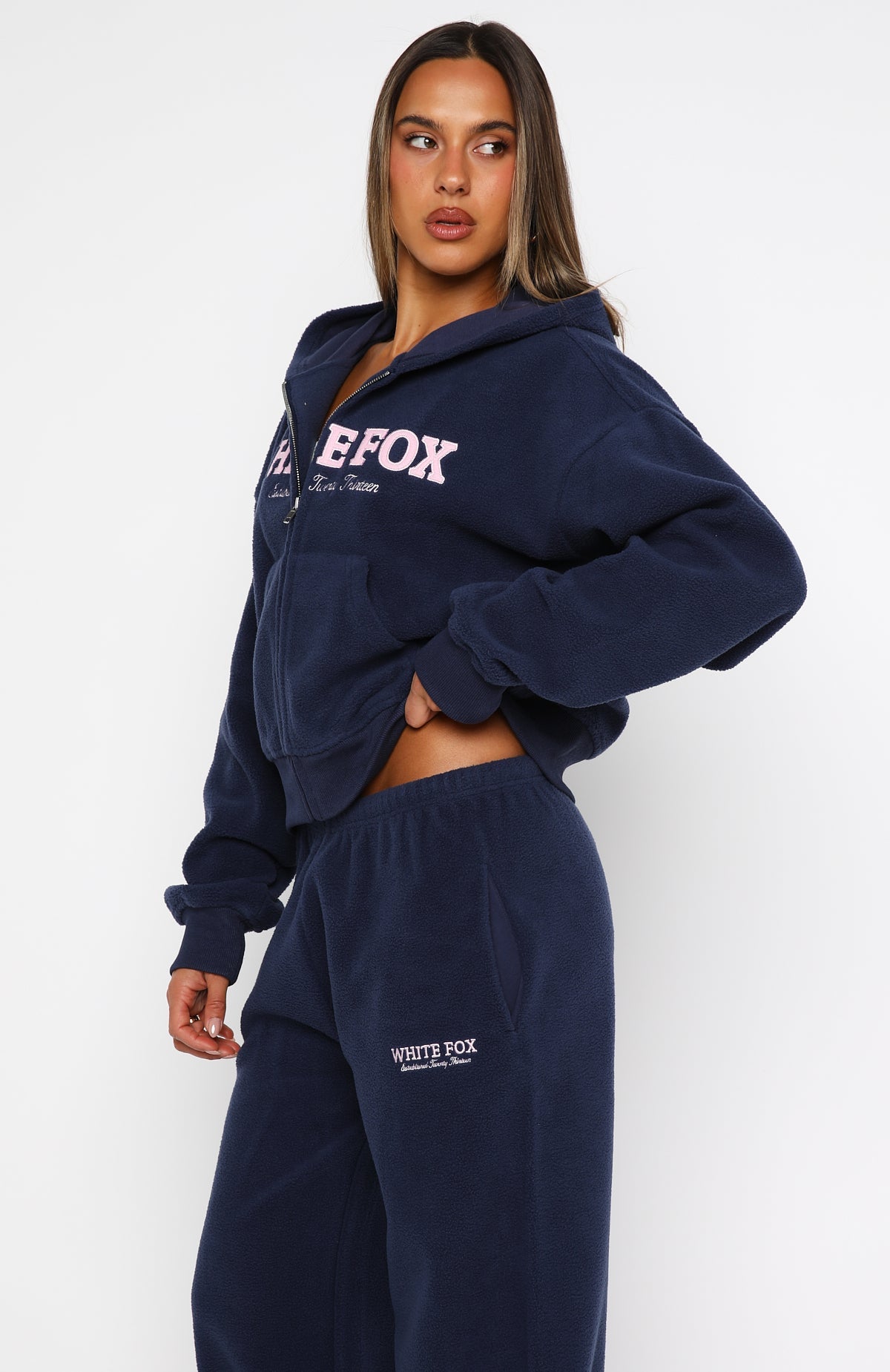 Just For Now Fleece Boxy Zip Front Hoodie Navy