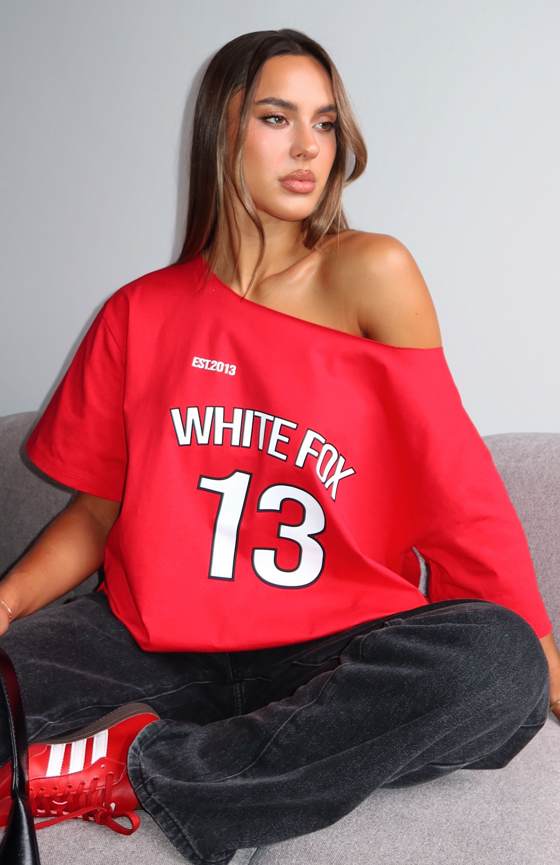 Latest Passion Off Shoulder Oversized Tee Red
