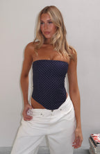 Let It Go Strapless Bustier Navy Polka Dot