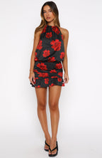 No Second Thoughts Halter Mini Dress Black Scarlet Bloom