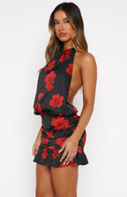 No Second Thoughts Halter Mini Dress Black Scarlet Bloom