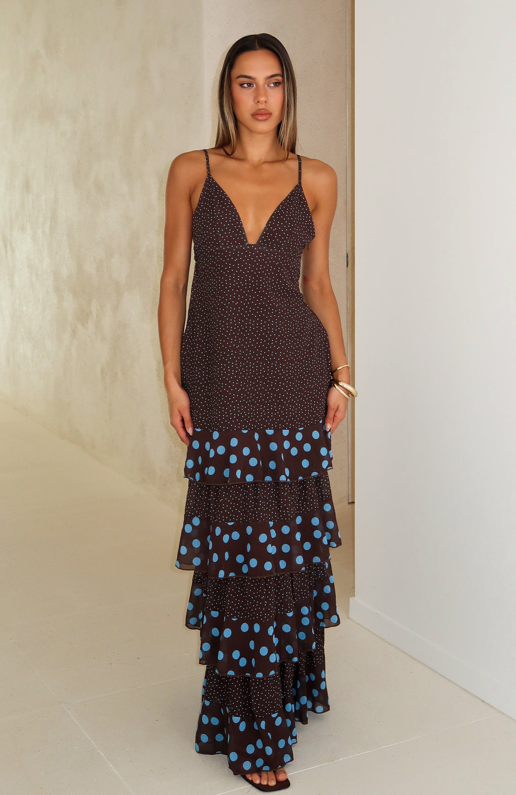 Princess Maxi Dress Chocolate/Blue Polka Dot