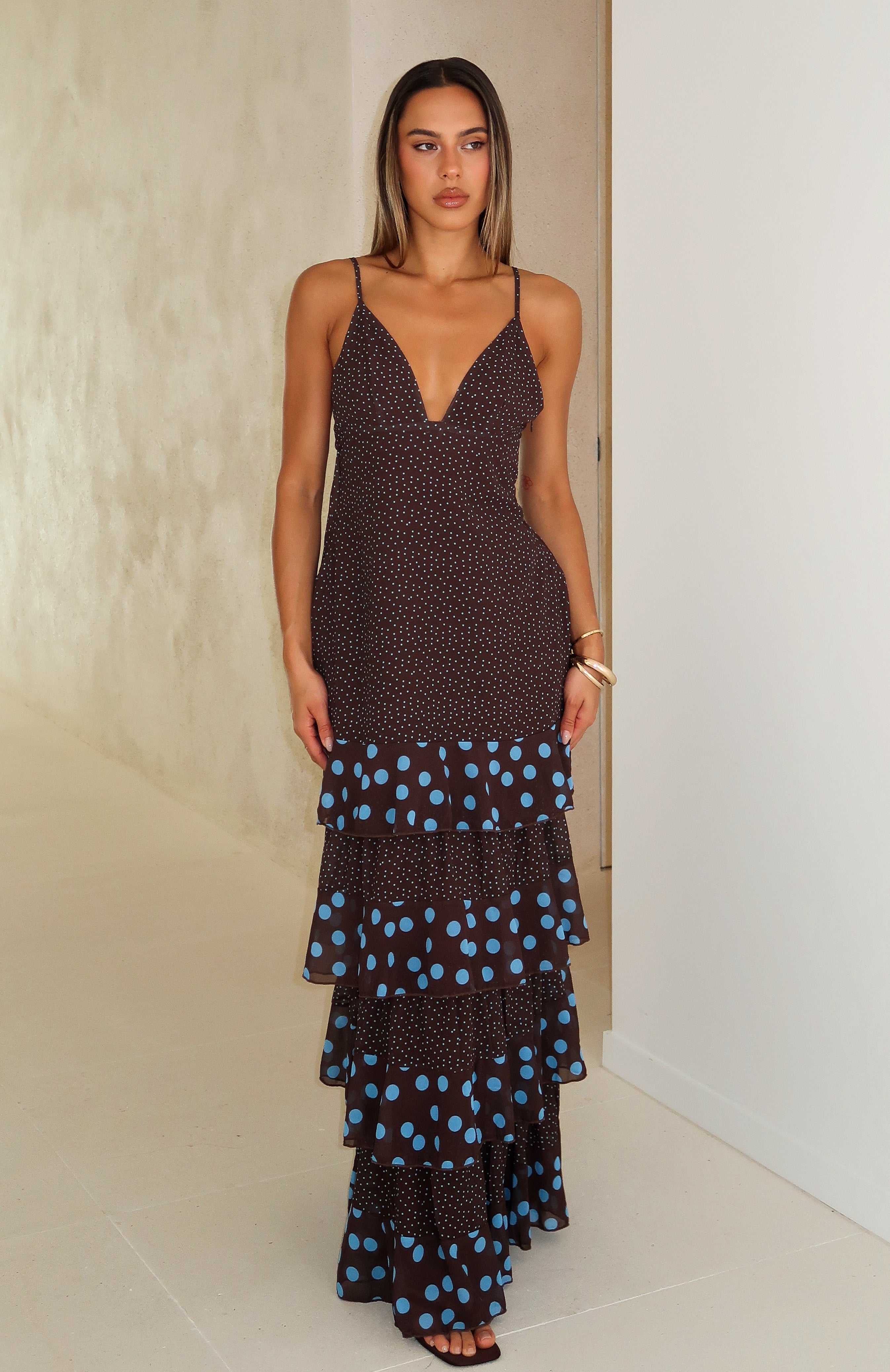 Princess Maxi Dress Chocolate/Blue Polka Dot