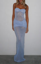 Sheer Grace Strapless Glitter Maxi Dress Powder Blue
