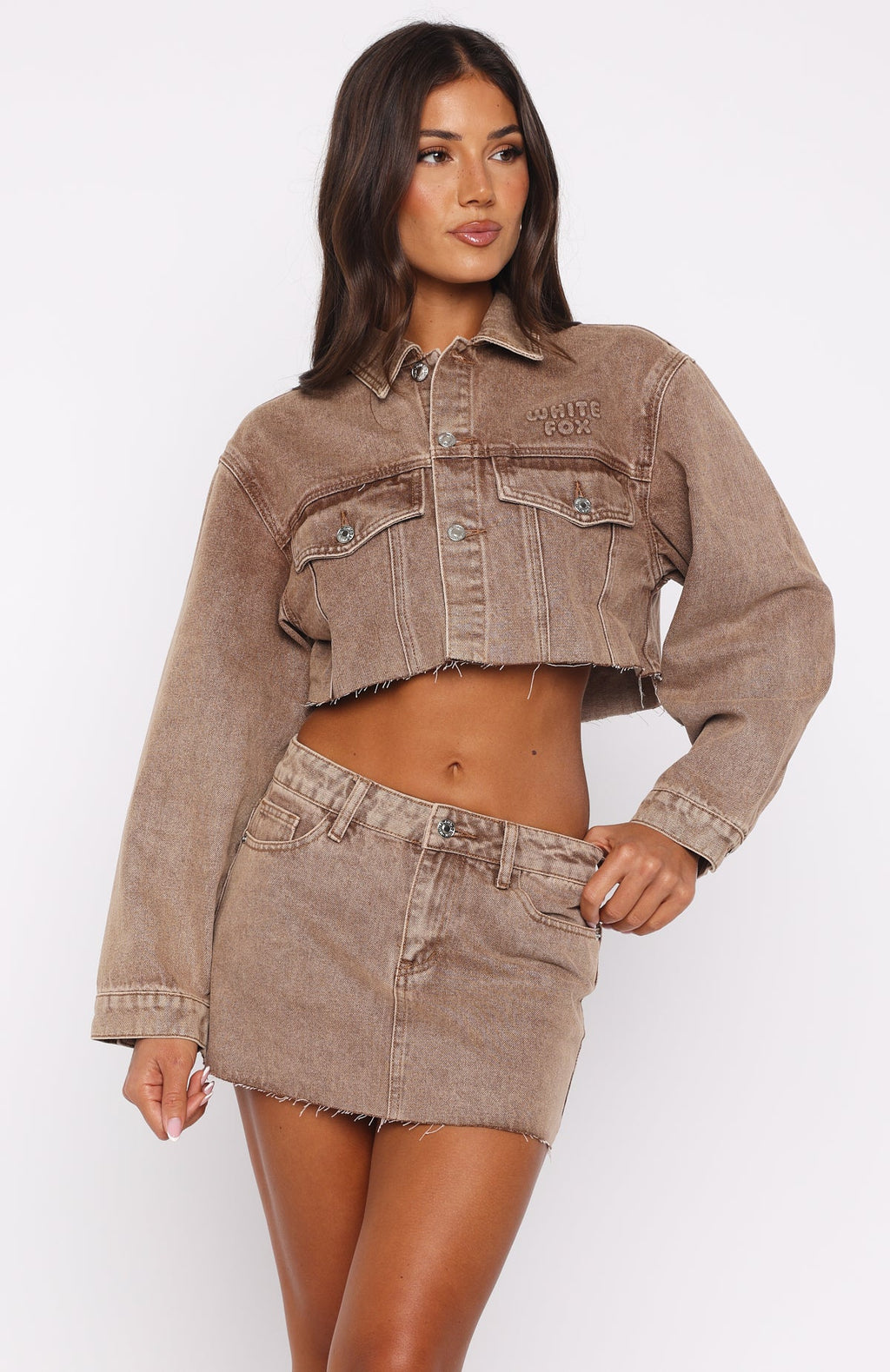 Something To Prove Denim Mini Skirt Tan Wash
