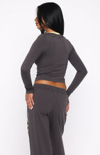 Star Of The Night Long Sleeve V Neck Baby Tee Charcoal