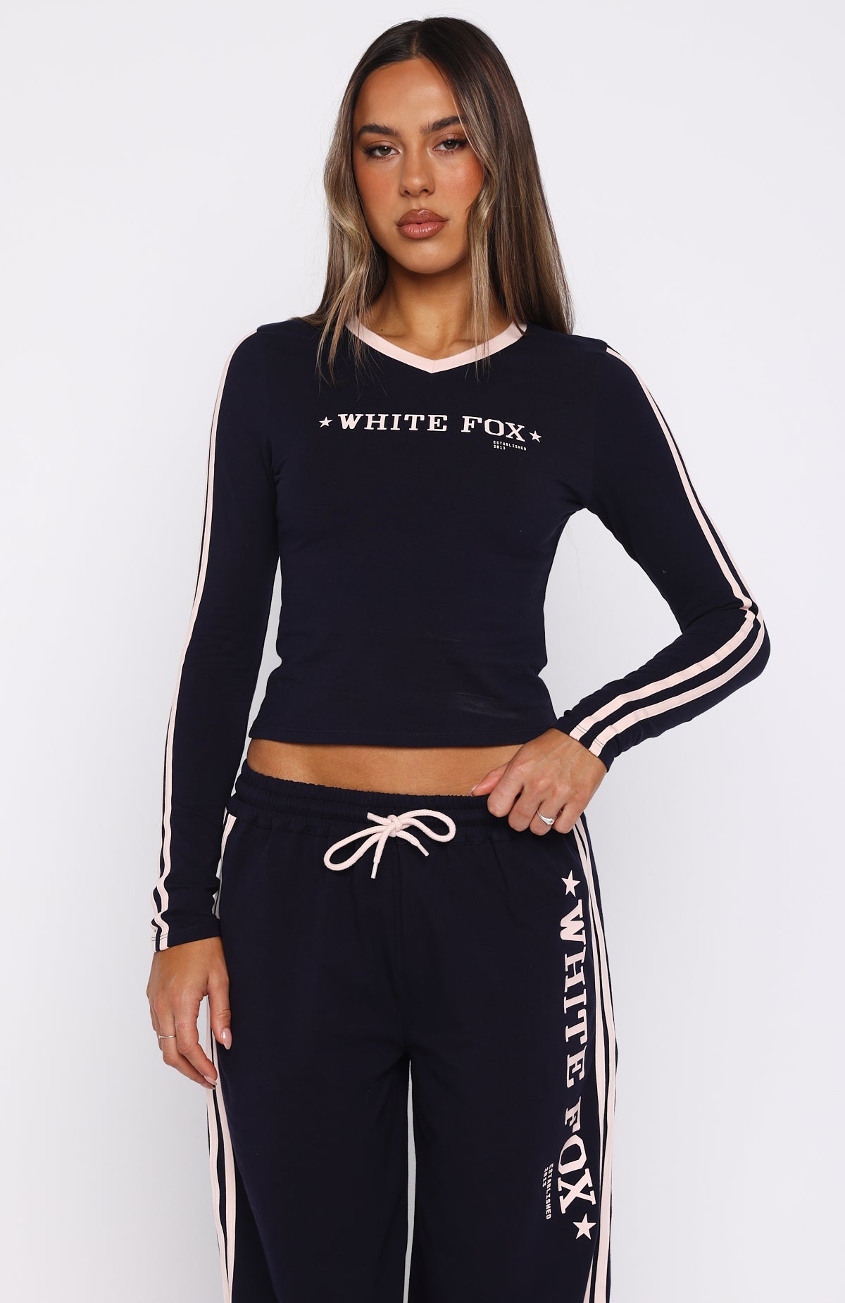 Star Of The Night Long Sleeve V Neck Baby Tee Navy