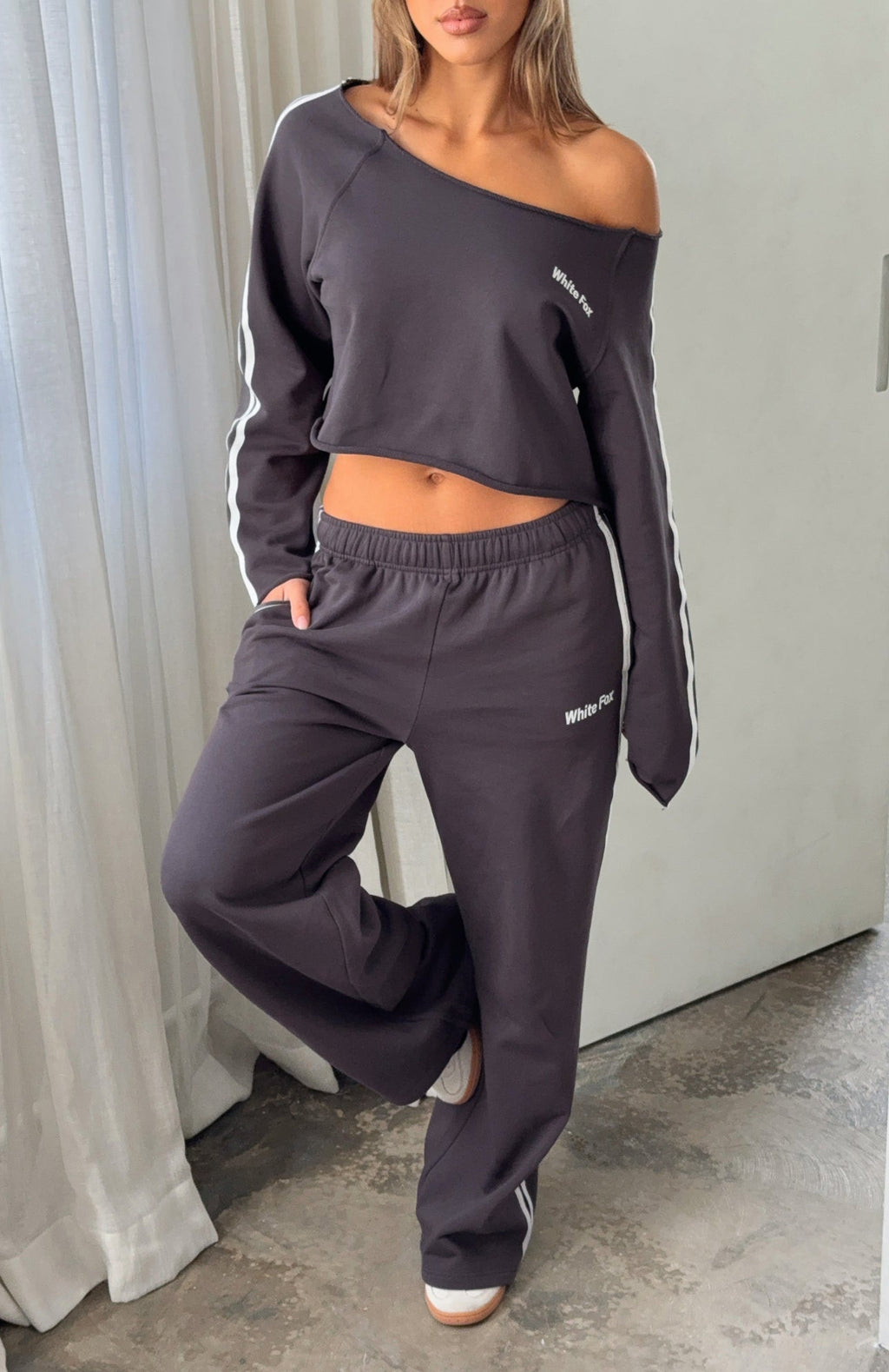 Star Student Cropped Off Shoulder Sweater Charcoal