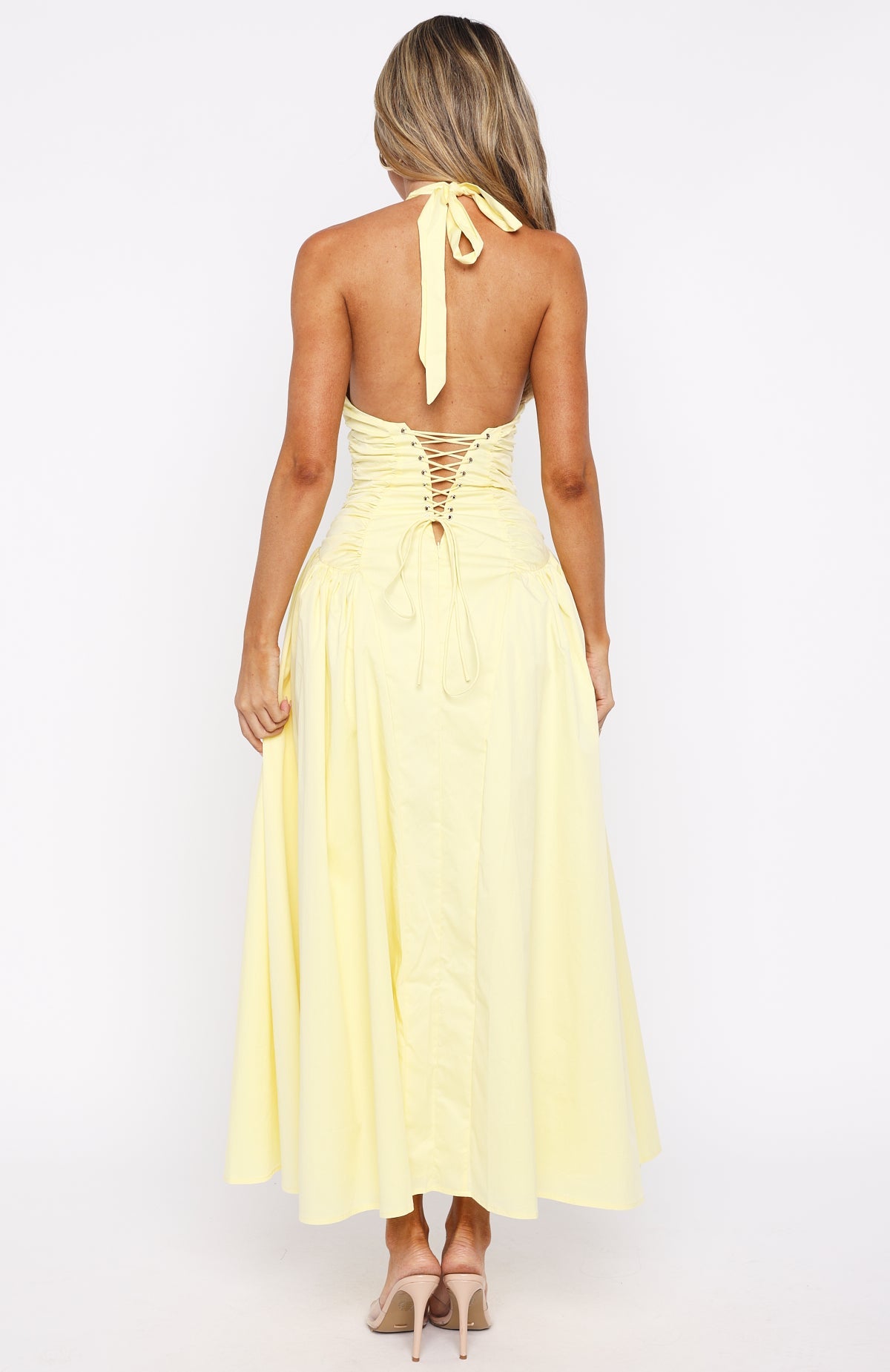 Tinsel Trouble Halter Midi Dress Lemon
