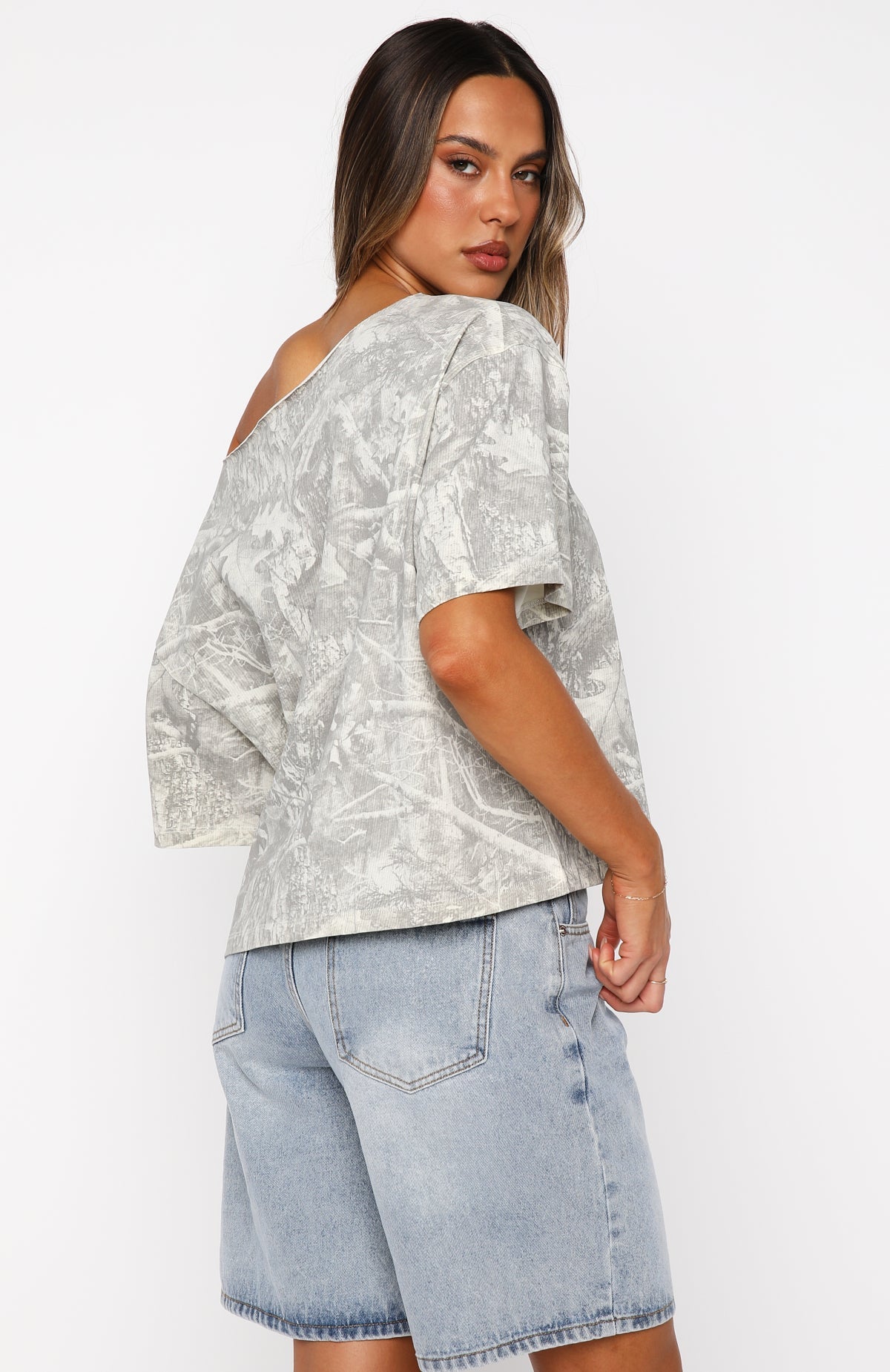 Travel The World Off Shoulder Oversized Tee Light Camo