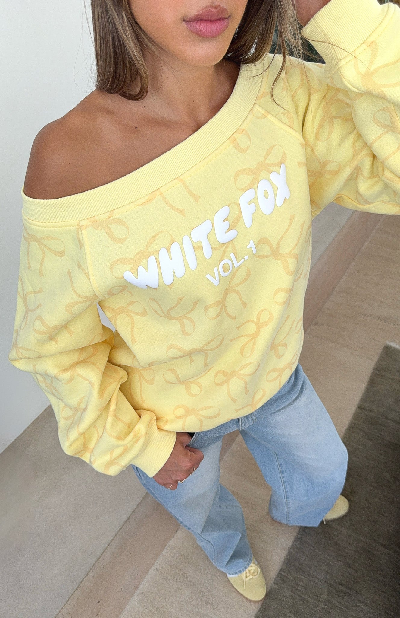 Vol. 1 Off Shoulder Printed Sweater Lemon Bow