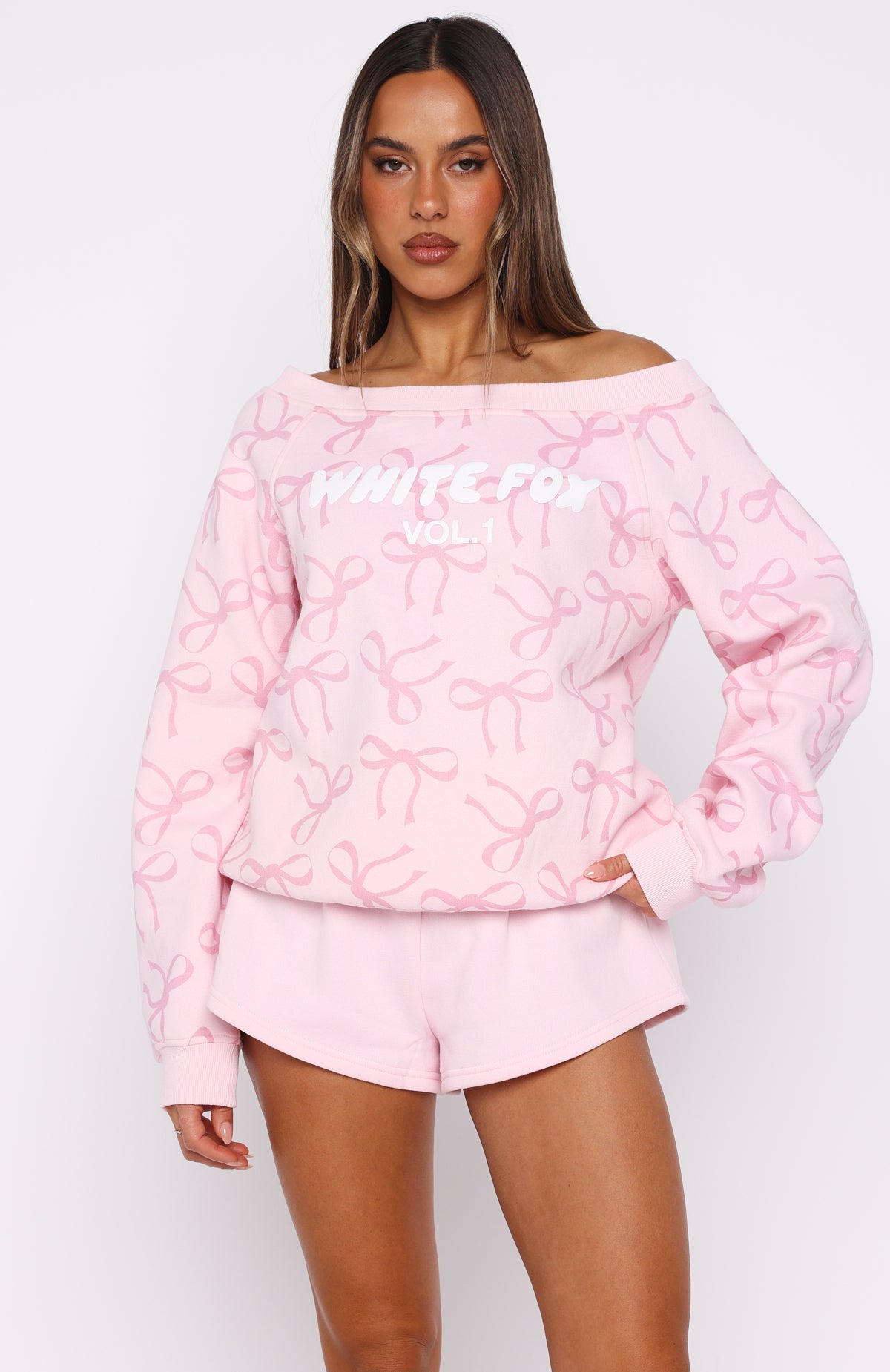 Vol. 1 Off Shoulder Printed Sweater Posy Bow