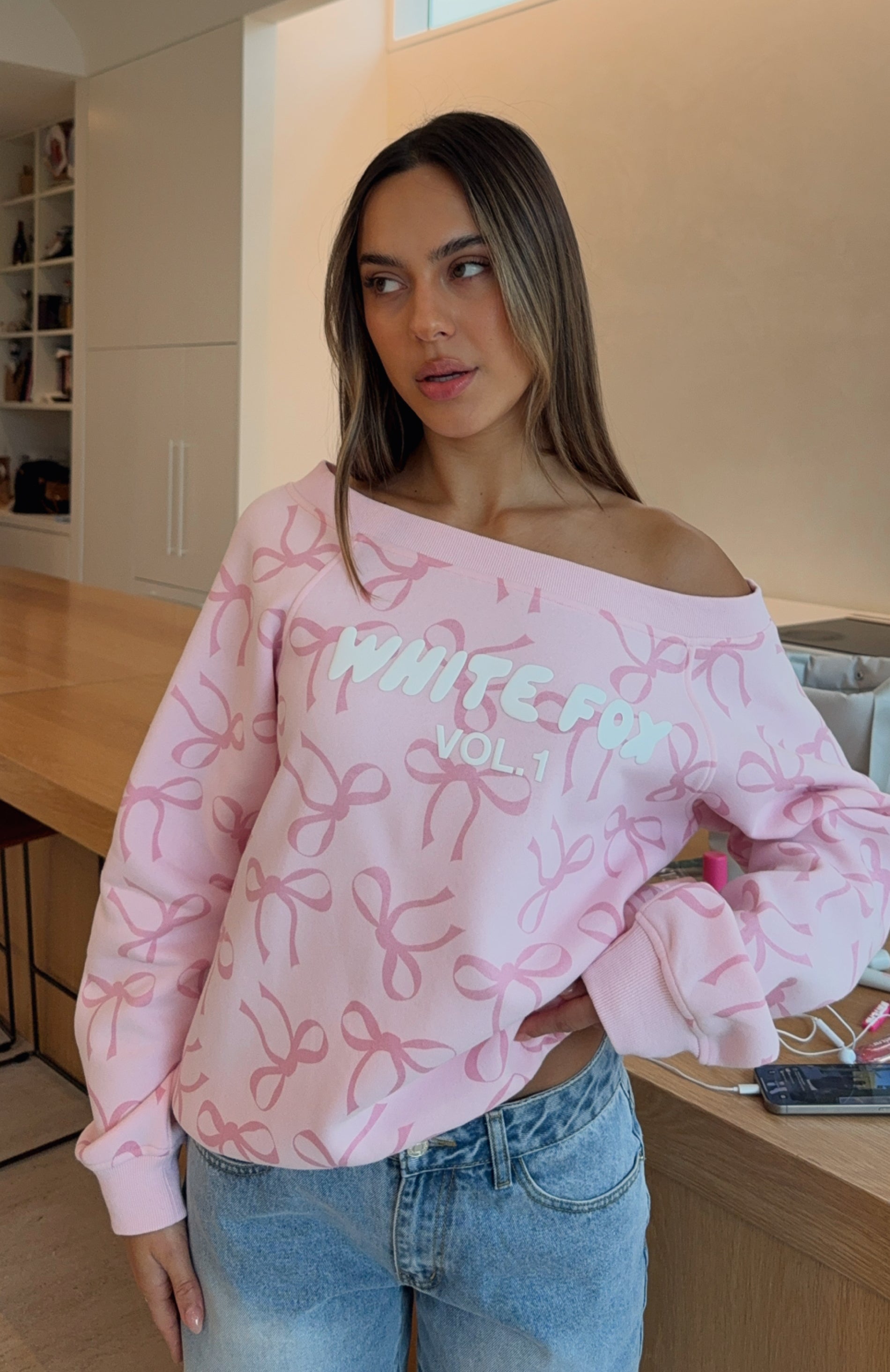 Vol. 1 Off Shoulder Printed Sweater Posy Bow