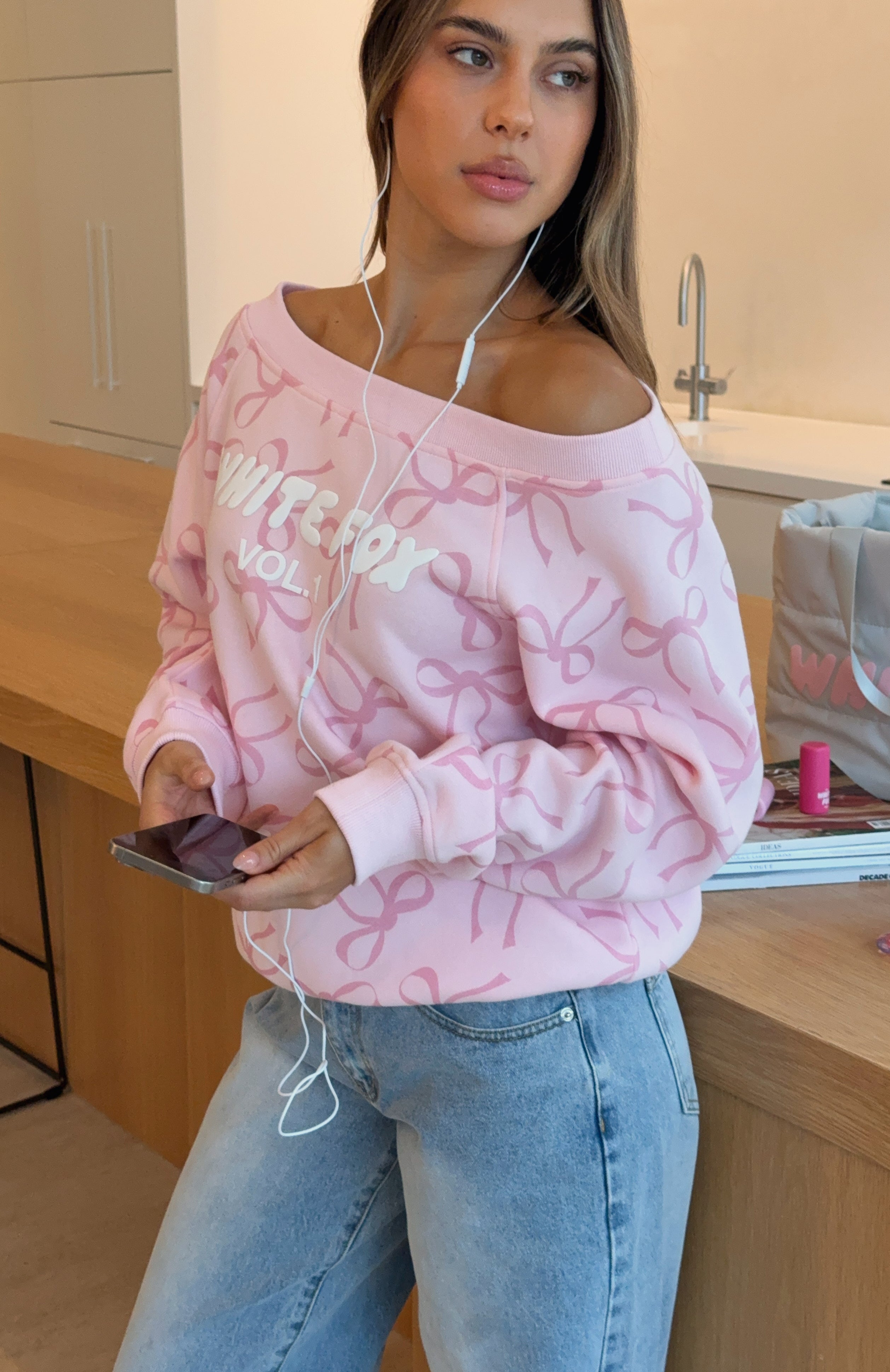 Vol. 1 Off Shoulder Printed Sweater Posy Bow