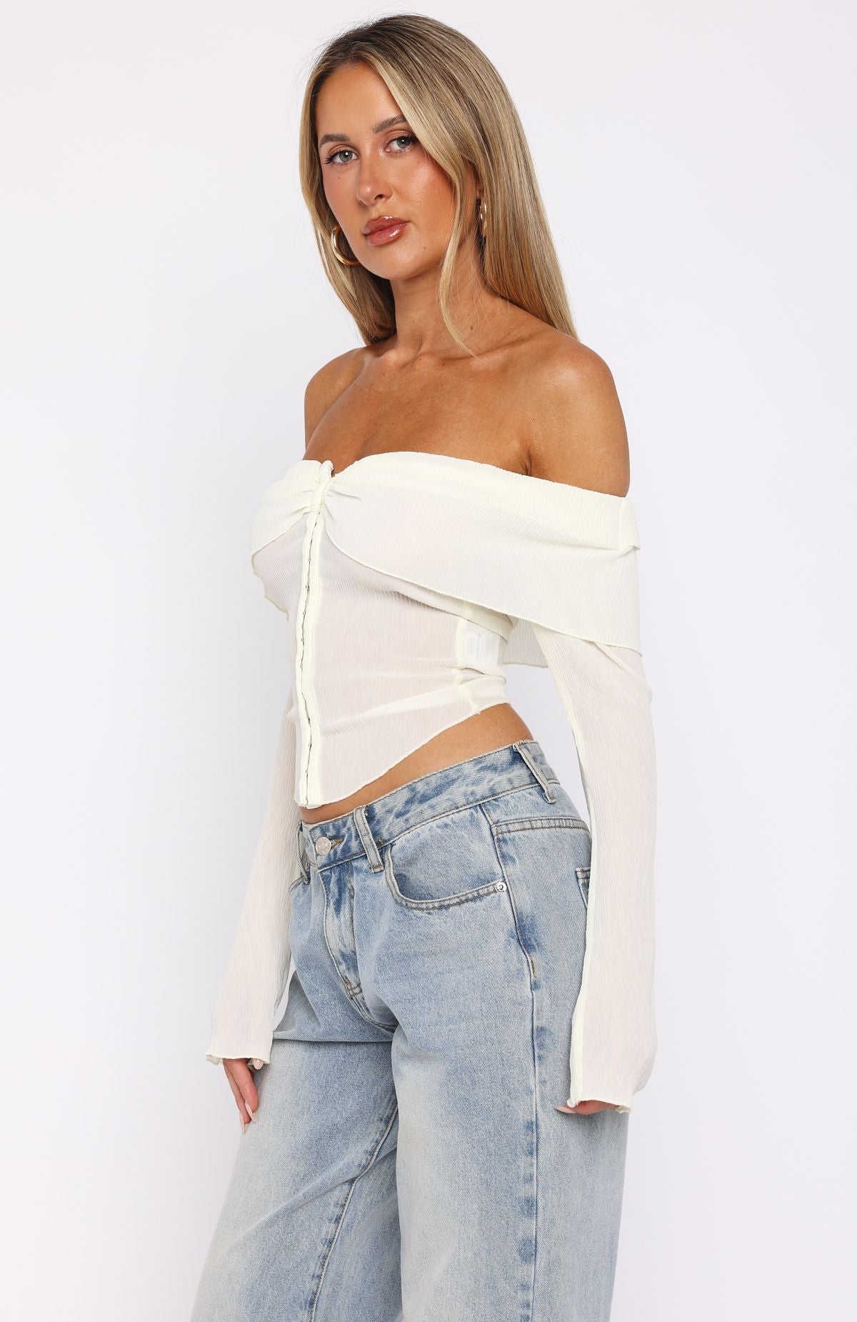 Mood Forever Long Sleeve Off Shoulder Top Cream