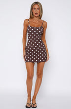 Maybe Later Mini Dress Choc/Cream Polka Dot