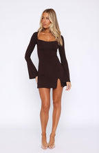 Round My Head Long Sleeve Mini Dress Dark Chocolate